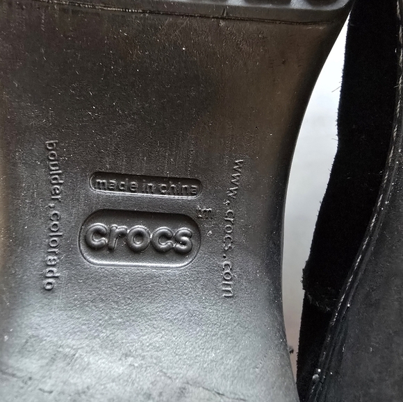 Crocs Winter Pull On Boot Sz 6W Women Black Suede Suede Knit Top Block Heel - Picture 16 of 16